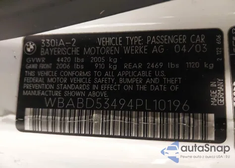 2004 BMW 330Ci из США, поврежденный, VIN WBABD53494PL10196